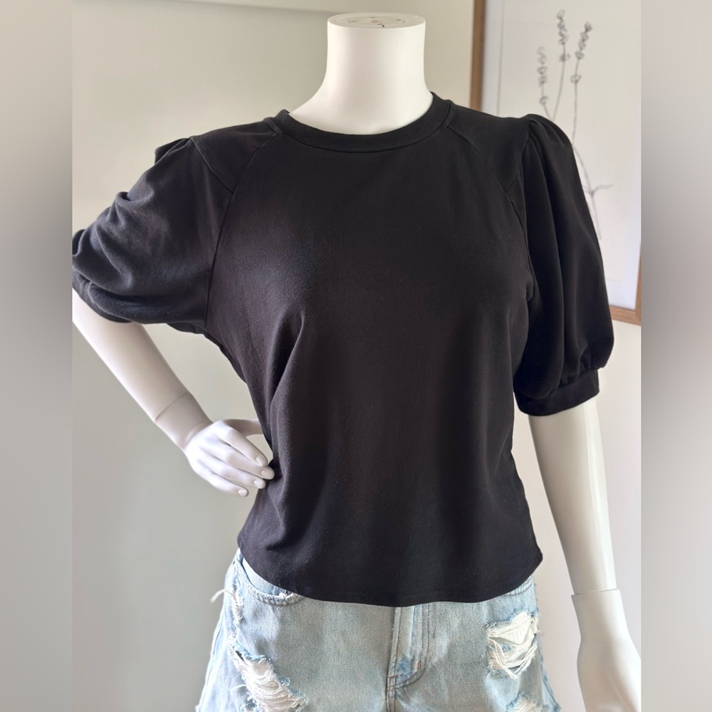 Amour Vert Bubble Sleeve Short Sleeve Organic Cotton Knit Top Black Size L